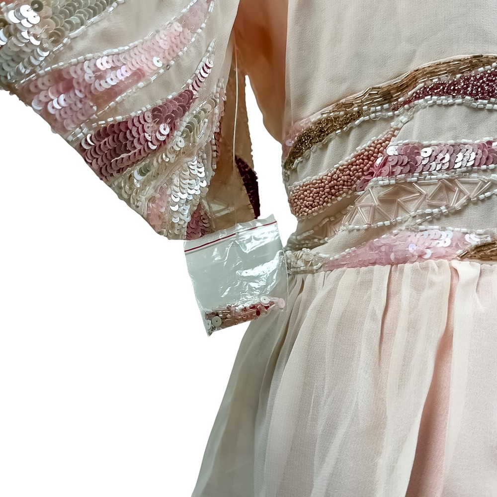 Y2K Glam Sequin Beaded Peplum Blouse V-Neck Flutter Sleeve Top Pink Coquette L - Picture 7 of 9